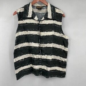 Finity Naturals Linen Sleeveless Top Womens Large Black White Striped Button Up